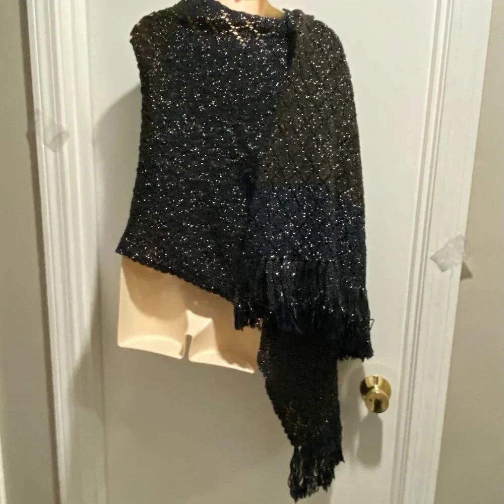 Handknit Wool Bl Lace Diamond Lurex Fringe Whimsigoth Fairy Bohemian Shawl Scarf